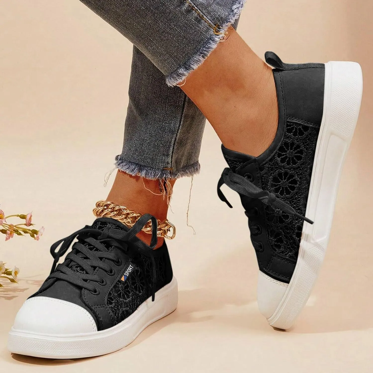 Women Closed Toe Shoe 2025,Breathable Hollow Out Flower Sport Sneakers Comfortable Platform Slides Fashion Lace Up Loafer Shoes Indoor Outdoor Slip-On Soft Cushion Ladies Dress Casual Shoe