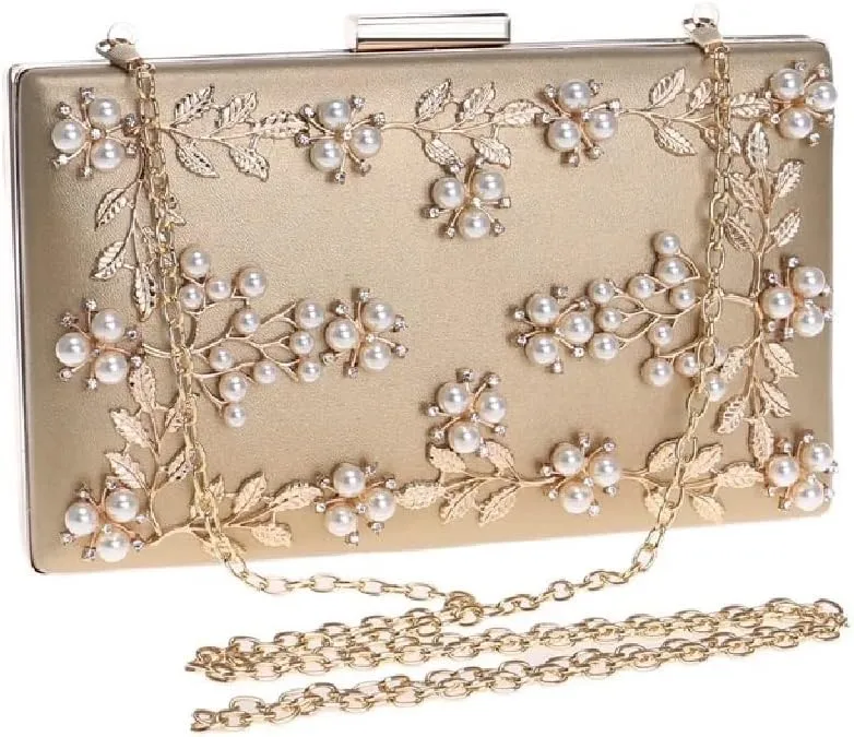 Women Clutch Bag Beaded Leaf Evening Bag Chain Shoulder Handbags Party Wedding Bridal Bags