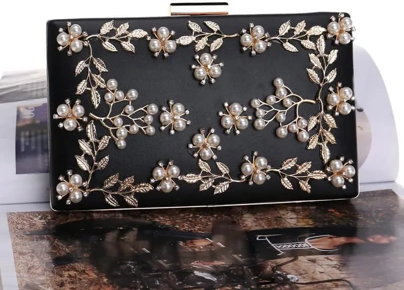 Women Clutch Bag Beaded Leaf Evening Bag Chain Shoulder Handbags Party Wedding Bridal Bags