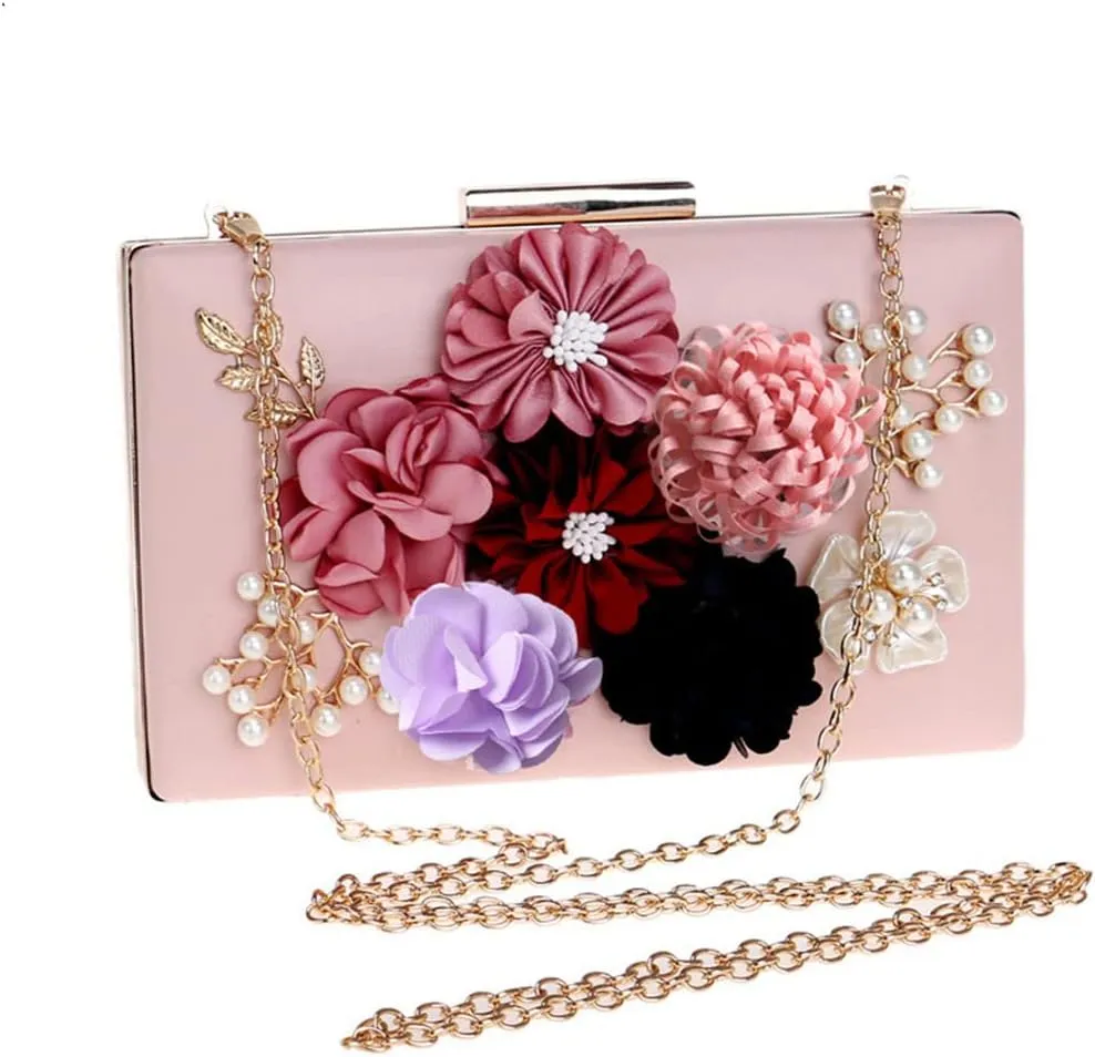 Women Clutch Bag Flower Beaded Evening Bags PU Lady Party Wedding Chain Shoulder Handbags
