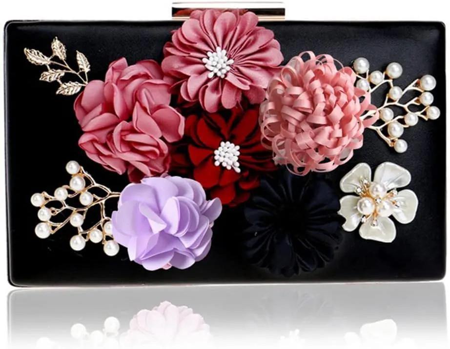 Women Clutch Bag Flower Beaded Evening Bags PU Lady Party Wedding Chain Shoulder Handbags