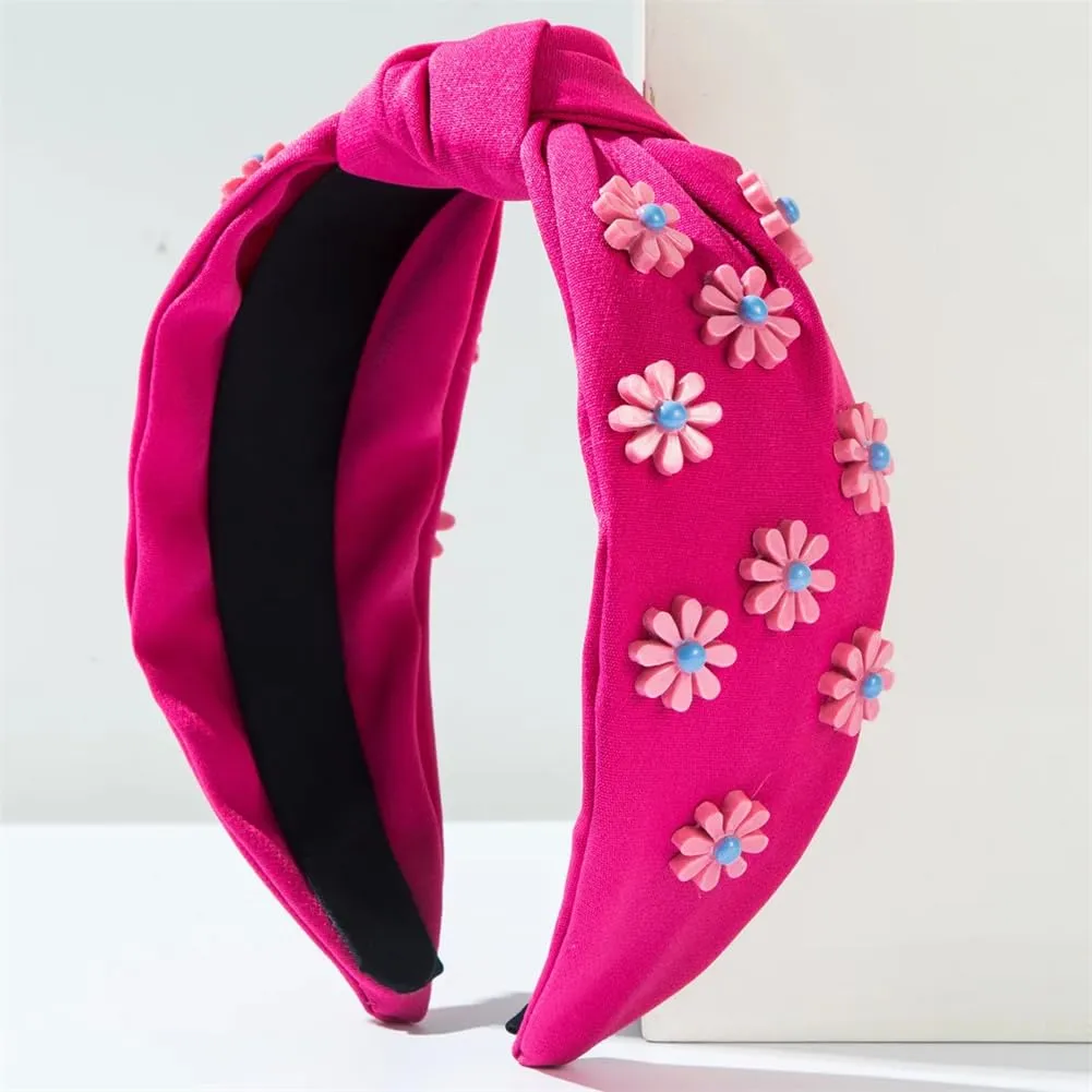 Women Girls Inlaid Three Dimensional Flower Headband Wide Brim Knotted Hair Accessories Beige