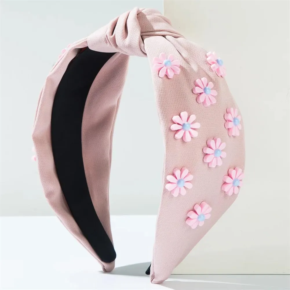 Women Girls Inlaid Three Dimensional Flower Headband Wide Brim Knotted Hair Accessories Beige