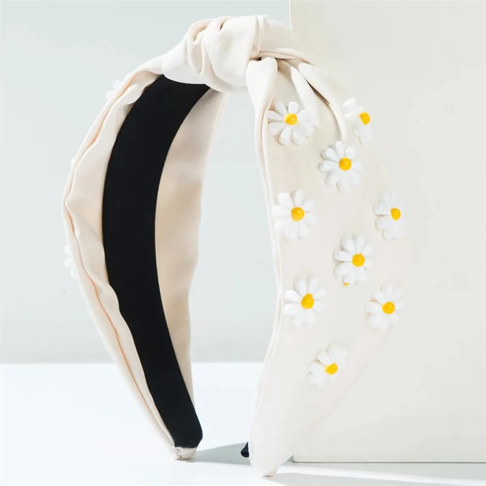 Women Girls Inlaid Three Dimensional Flower Headband Wide Brim Knotted Hair Accessories Beige