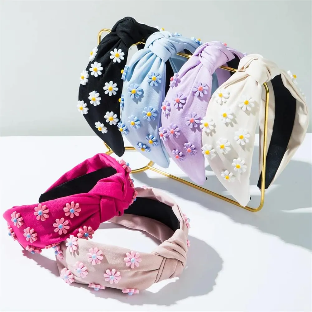 Women Girls Inlaid Three Dimensional Flower Headband Wide Brim Knotted Hair Accessories Beige