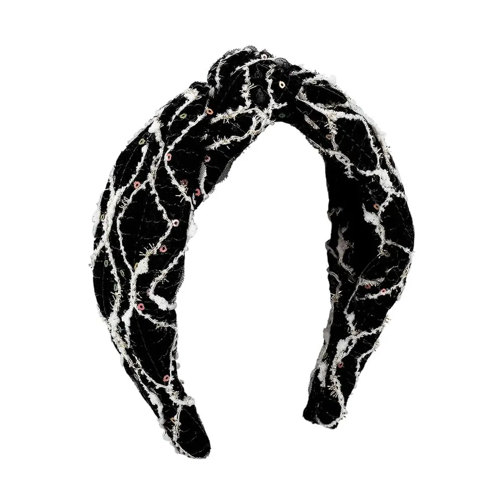 Women Girls Sequin Embroidery Headband Wide Brim Knotted Headband Face Wash Casual Hairbands black