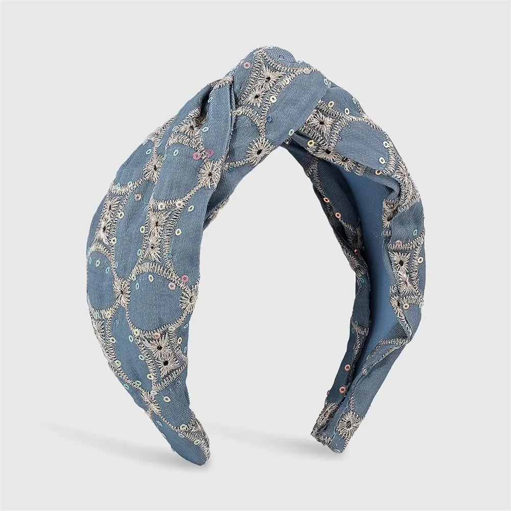 Women Girls Sequin Embroidery Headband Wide Brim Knotted Headband Face Wash Casual Hairbands White