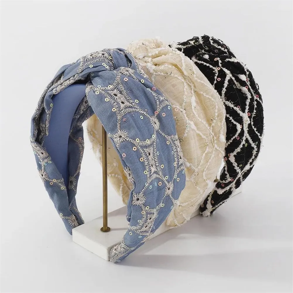 Women Girls Sequin Embroidery Headband Wide Brim Knotted Headband Face Wash Casual Hairbands White
