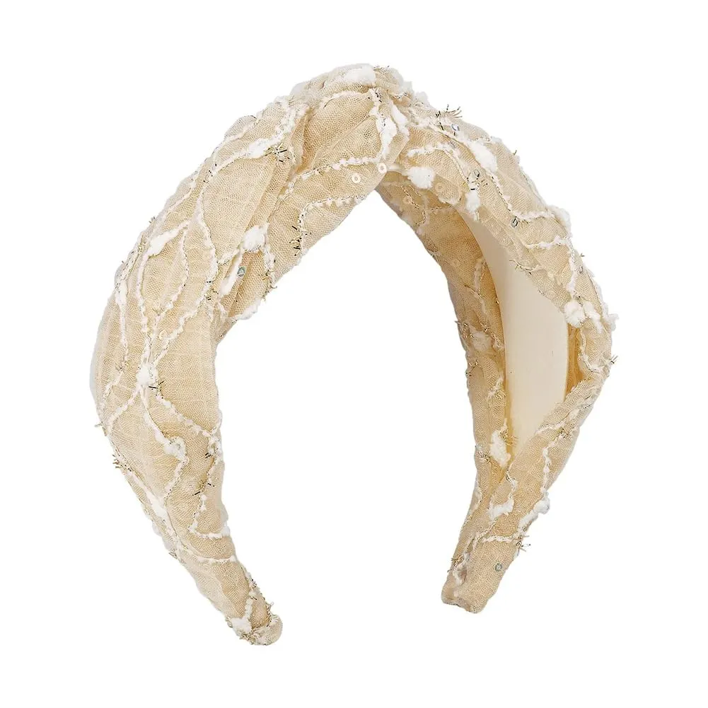 Women Girls Sequin Embroidery Headband Wide Brim Knotted Headband Face Wash Casual Hairbands White