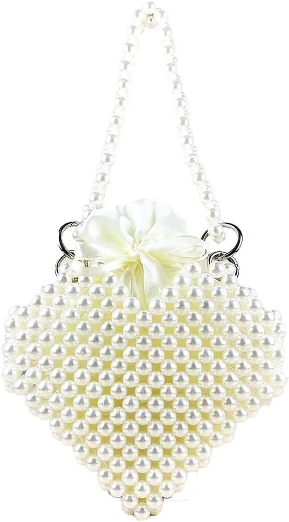 Women Heart Shape Clutch Purse Pearl Beaded Evening Bag Handmade Acrylic Pearl Handbag for Party Prom Wedding