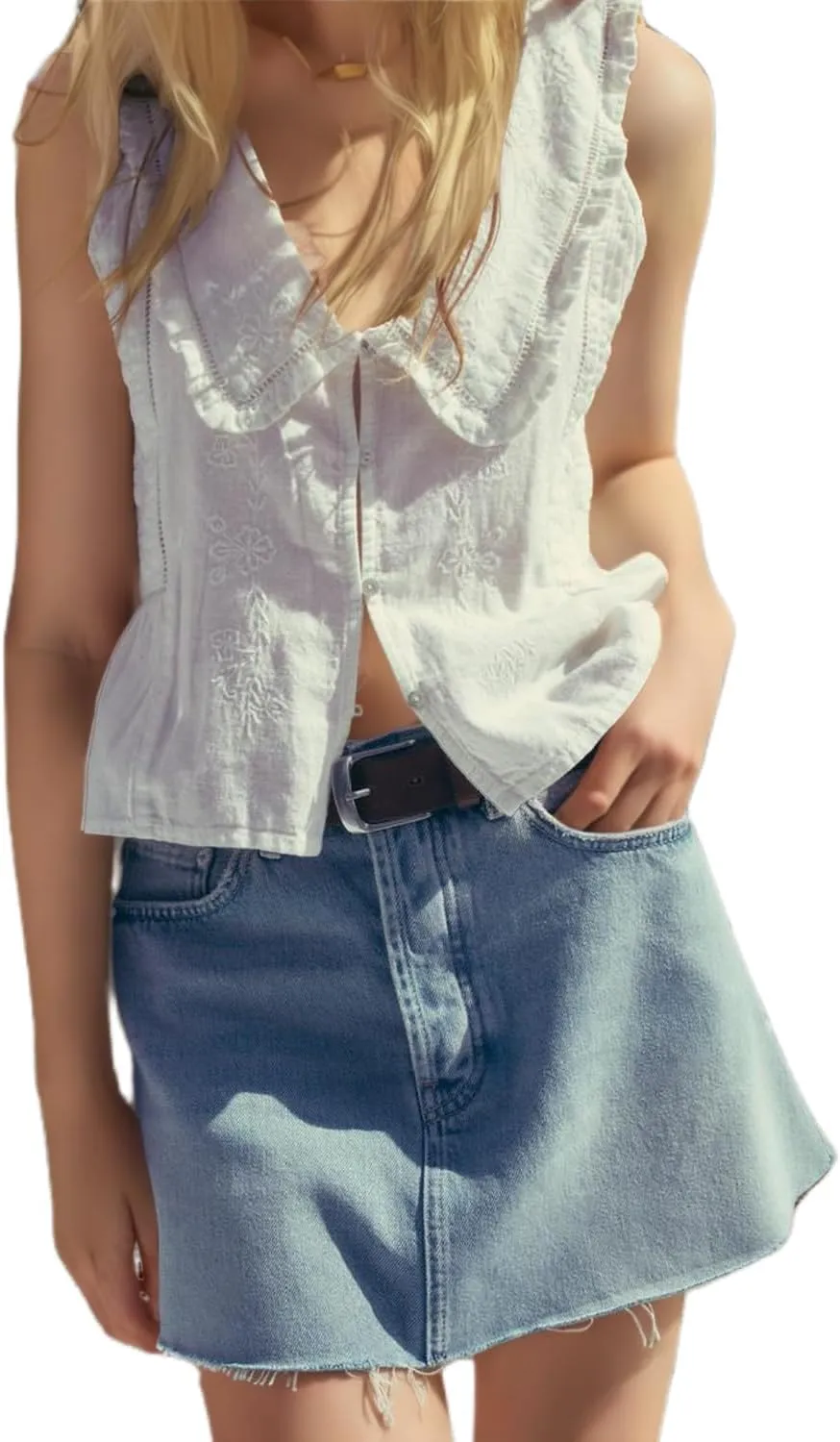Women Lace Trim Tank Top Vneck Sleeveless Eyelet Embroidery Peplum Shirt Y2k Going Out Vacation Flowy Cami Shirt