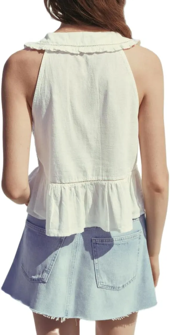 Women Lace Trim Tank Top Vneck Sleeveless Eyelet Embroidery Peplum Shirt Y2k Going Out Vacation Flowy Cami Shirt