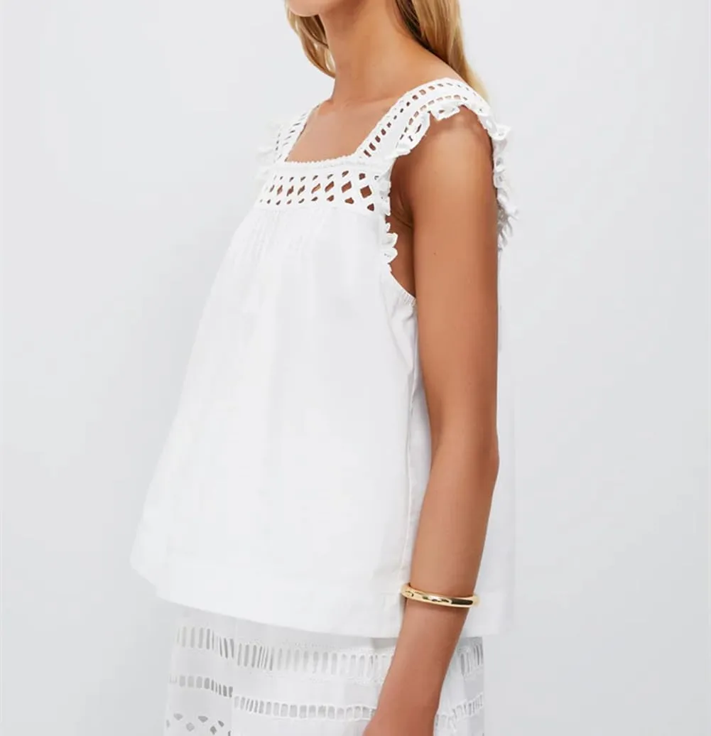 Women Lace Trim Tank Top Vneck Sleeveless Eyelet Embroidery Peplum Shirt Y2k Going Out Vacation Flowy Cami Shirt