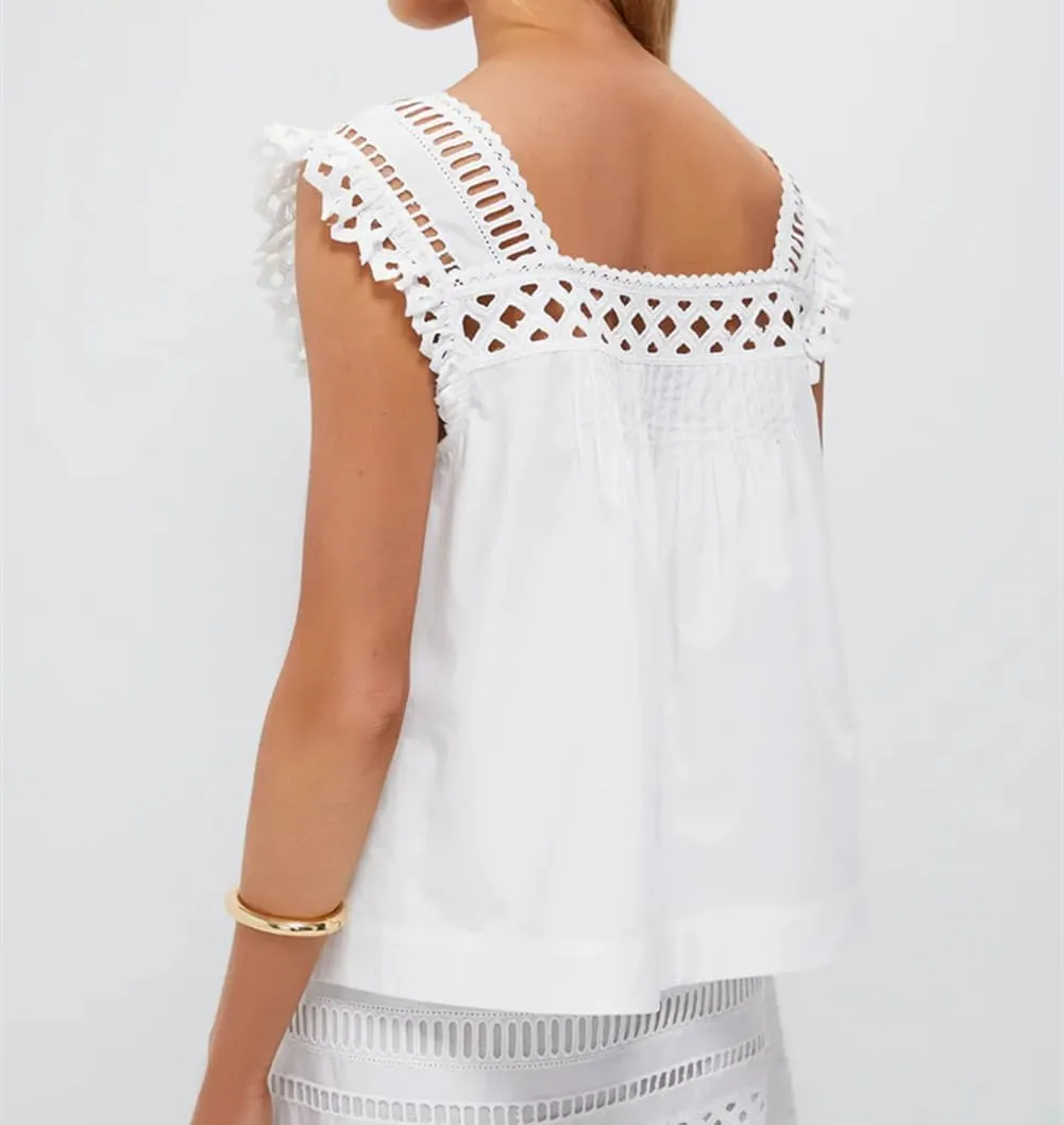 Women Lace Trim Tank Top Vneck Sleeveless Eyelet Embroidery Peplum Shirt Y2k Going Out Vacation Flowy Cami Shirt