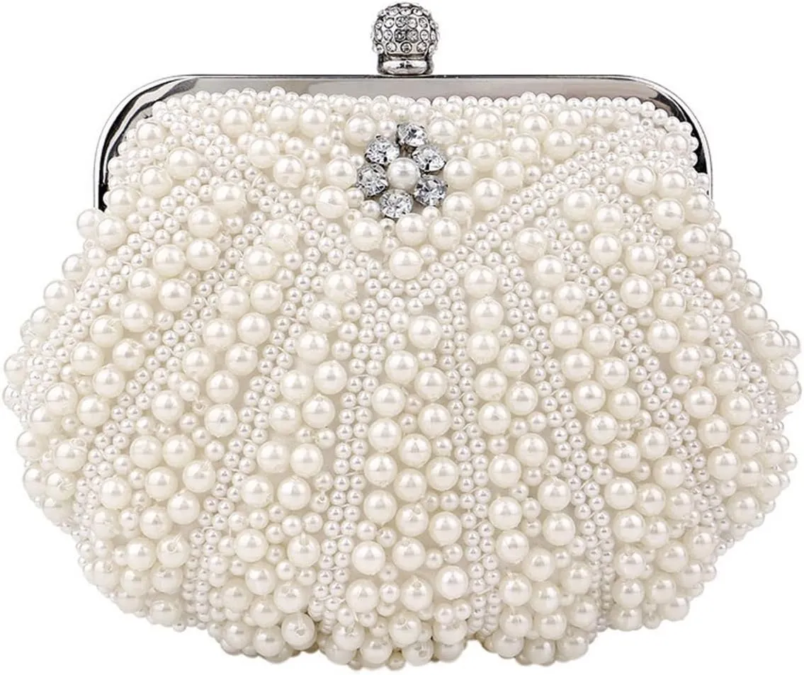 Women Pearl Clutch Purse Crystal Floral Shell Shape Lady's Beaded Bag Detachable Chain Pearl Handbag for Wedding Party Ivory