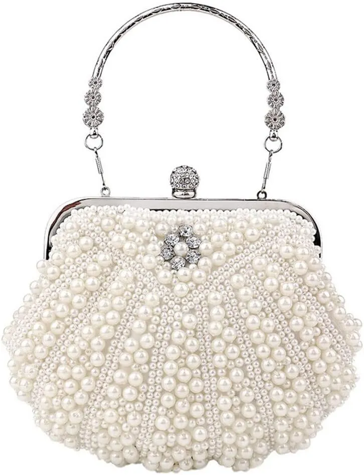 Women Pearl Clutch Purse Crystal Floral Shell Shape Lady's Beaded Bag Detachable Chain Pearl Handbag for Wedding Party Ivory