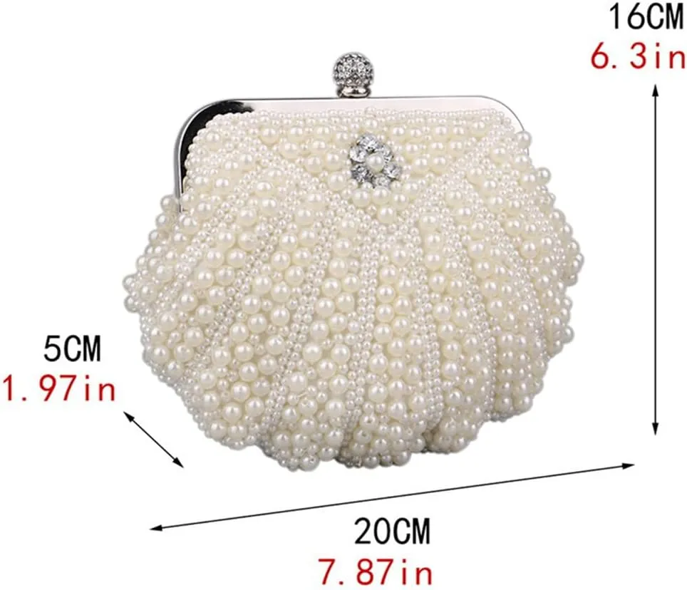Women Pearl Clutch Purse Crystal Floral Shell Shape Lady's Beaded Bag Detachable Chain Pearl Handbag for Wedding Party Ivory