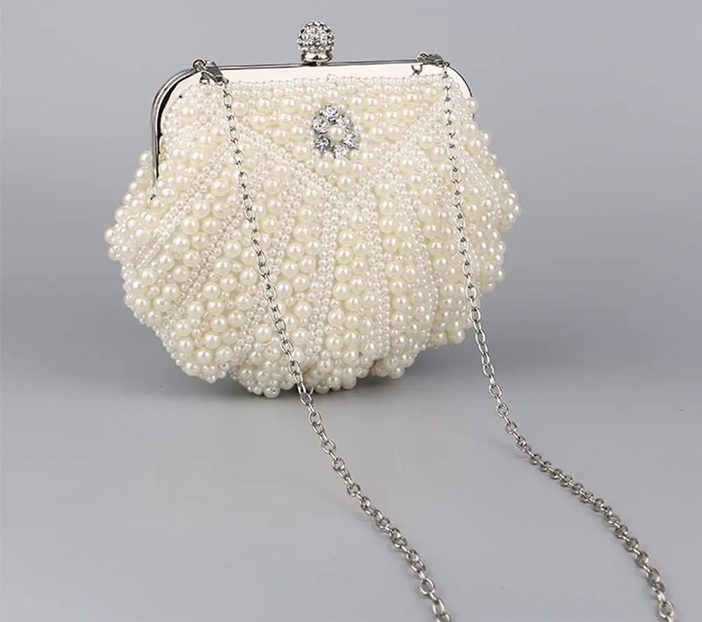 Women Pearl Clutch Purse Crystal Floral Shell Shape Lady's Beaded Bag Detachable Chain Pearl Handbag for Wedding Party Ivory