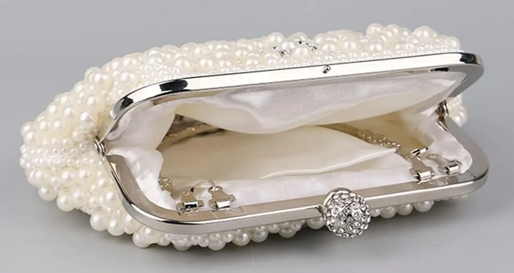 Women Pearl Clutch Purse Crystal Floral Shell Shape Lady's Beaded Bag Detachable Chain Pearl Handbag for Wedding Party Ivory