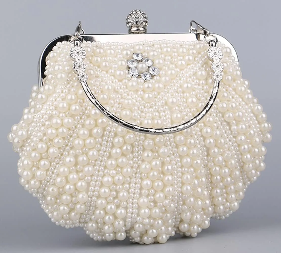 Women Pearl Clutch Purse Crystal Floral Shell Shape Lady's Beaded Bag Detachable Chain Pearl Handbag for Wedding Party Ivory