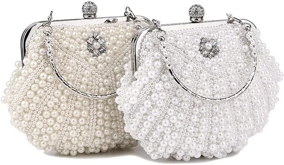 Women Pearl Clutch Purse Crystal Floral Shell Shape Lady's Beaded Bag Detachable Chain Pearl Handbag for Wedding Party White