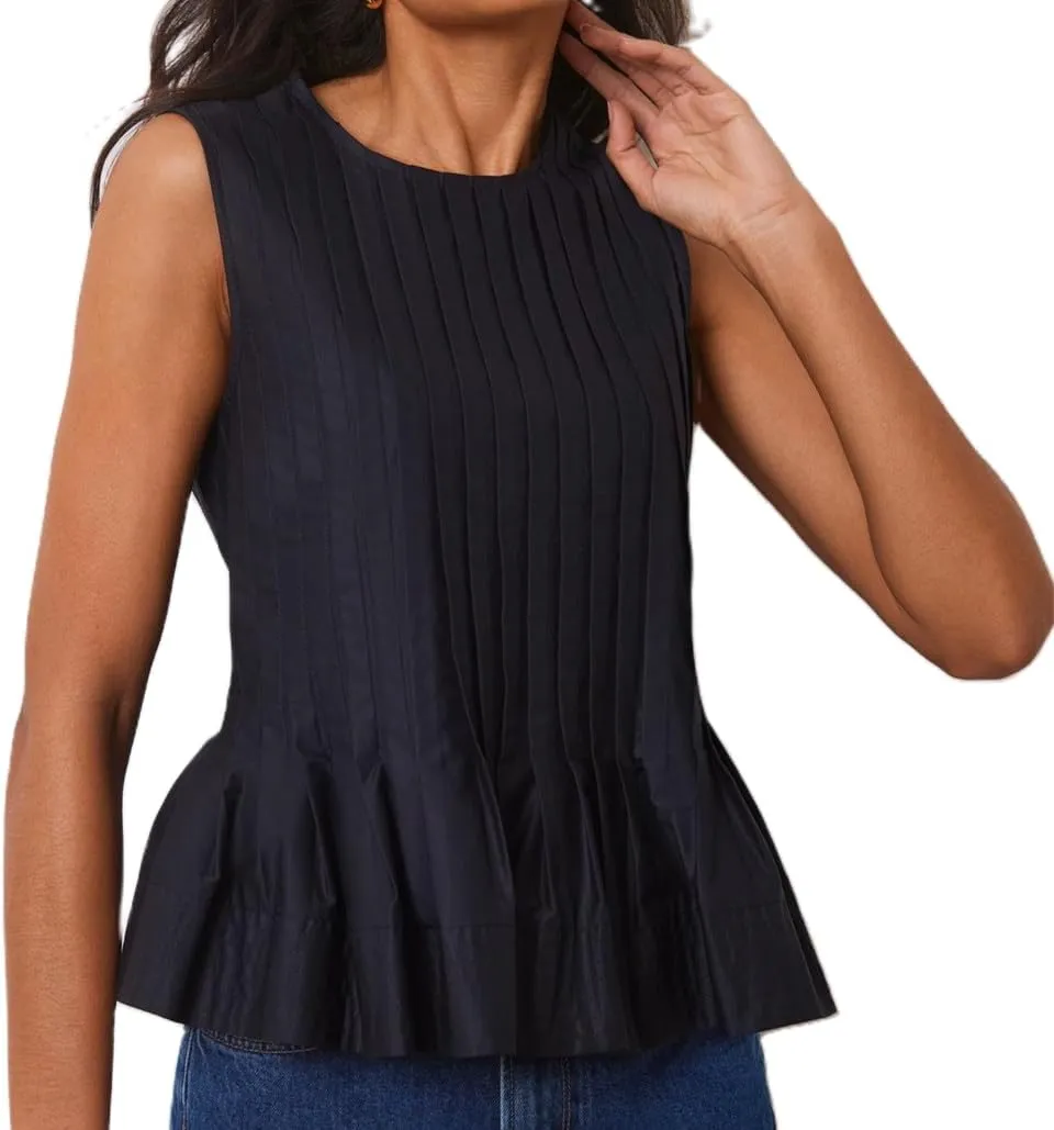 Women Pleated Crop Tank Tops Sleeveless Bow Tie Babydoll Peplum Shirt Going Out Blouse Loose Summer Vacation Vest