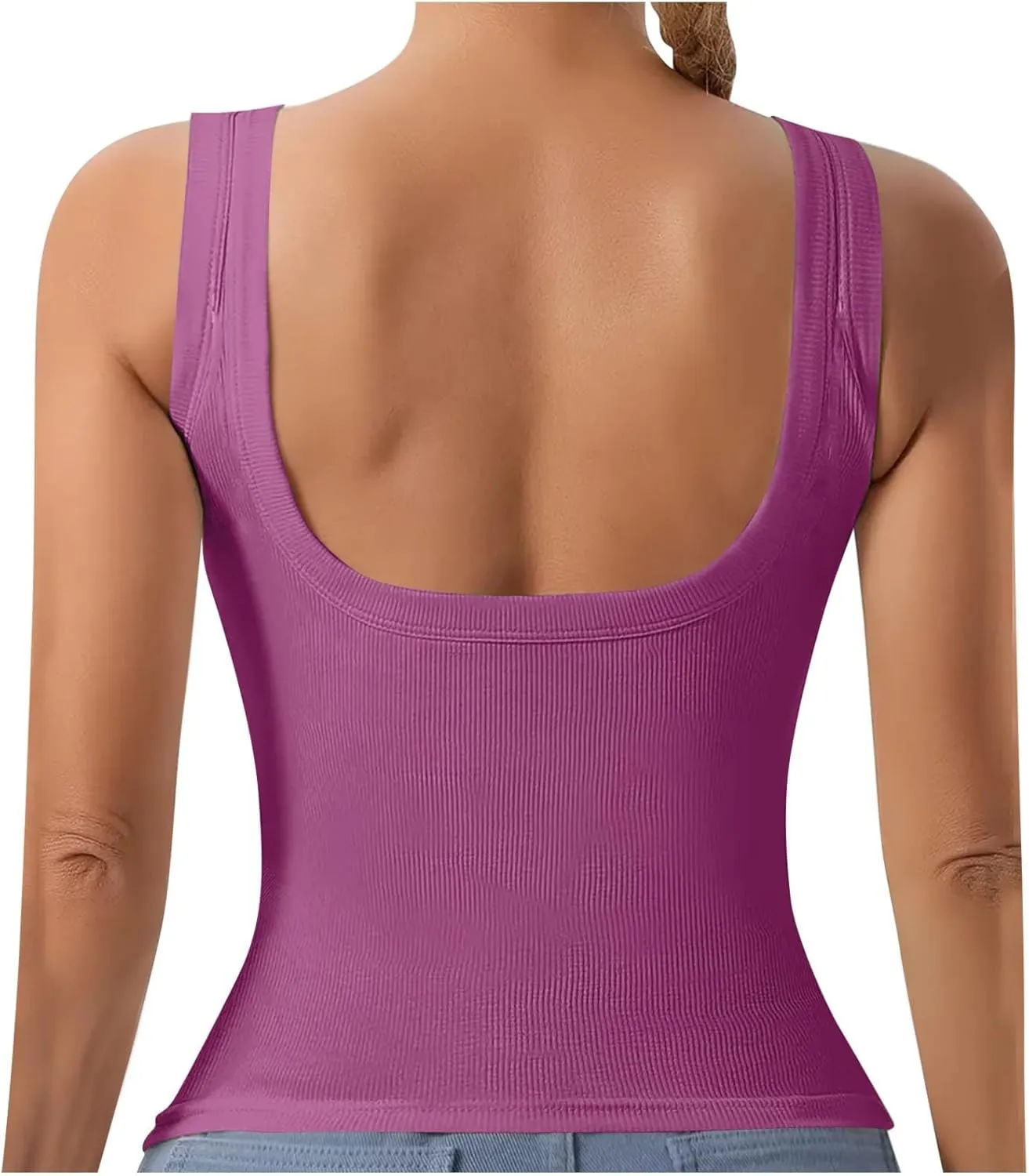 Women Tank Tops with Built in Bras Ribbed Sleeveless Square Neck Stretchy Yoga Vest Slim Fitted Sports Undershirt