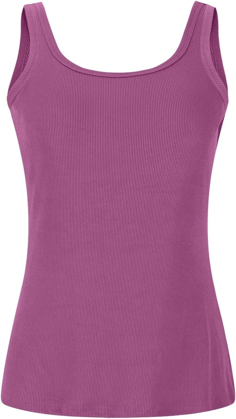 Women Tank Tops with Built in Bras Ribbed Sleeveless Square Neck Stretchy Yoga Vest Slim Fitted Sports Undershirt