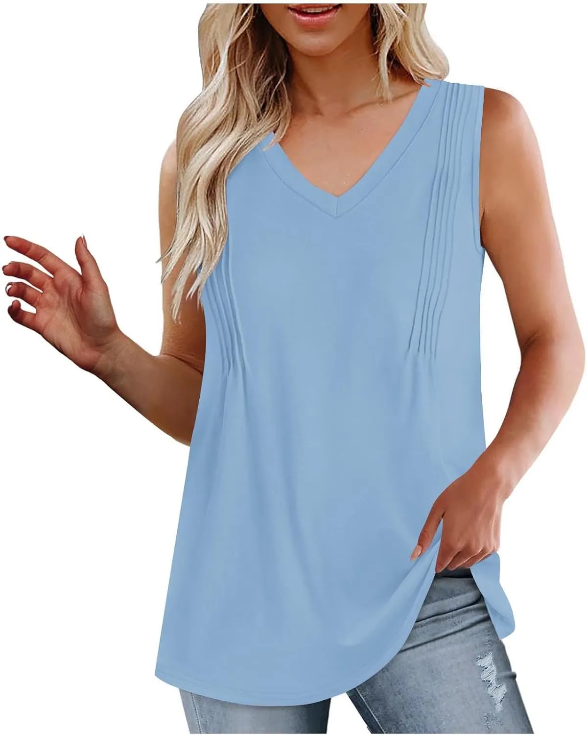 Women V Neck Summer Tank Tops Loose Fitting Sleeveless Flowy Tunic Dressy Casual Long Shirt Blouses Trendy Clothing