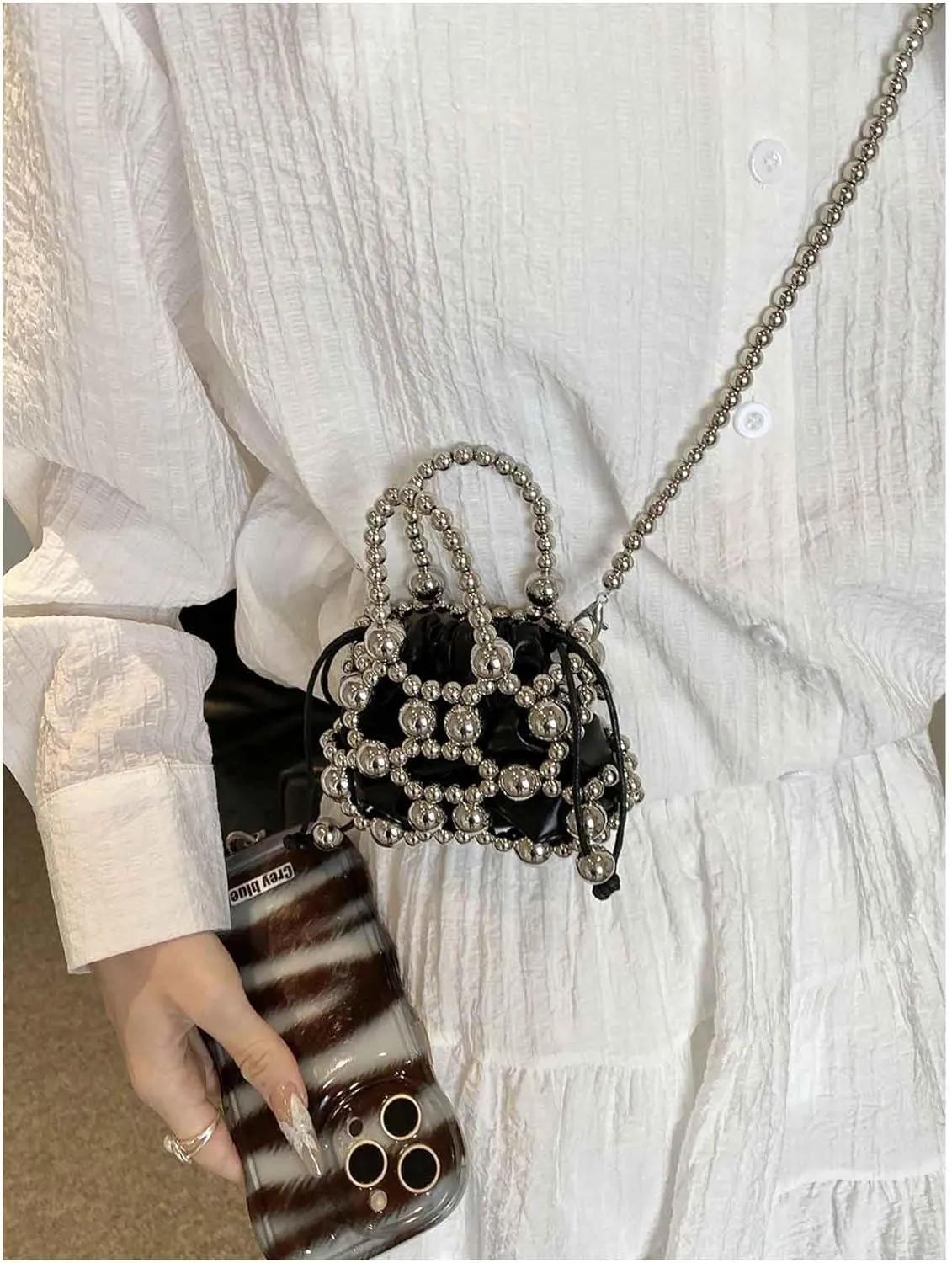 Women's Beaded Mini Evening Handbag Hollow Out Top Handle Crossbody Bags Small Satchel Purse