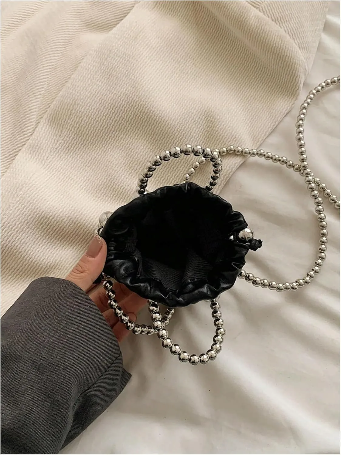 Women's Beaded Mini Evening Handbag Hollow Out Top Handle Crossbody Bags Small Satchel Purse