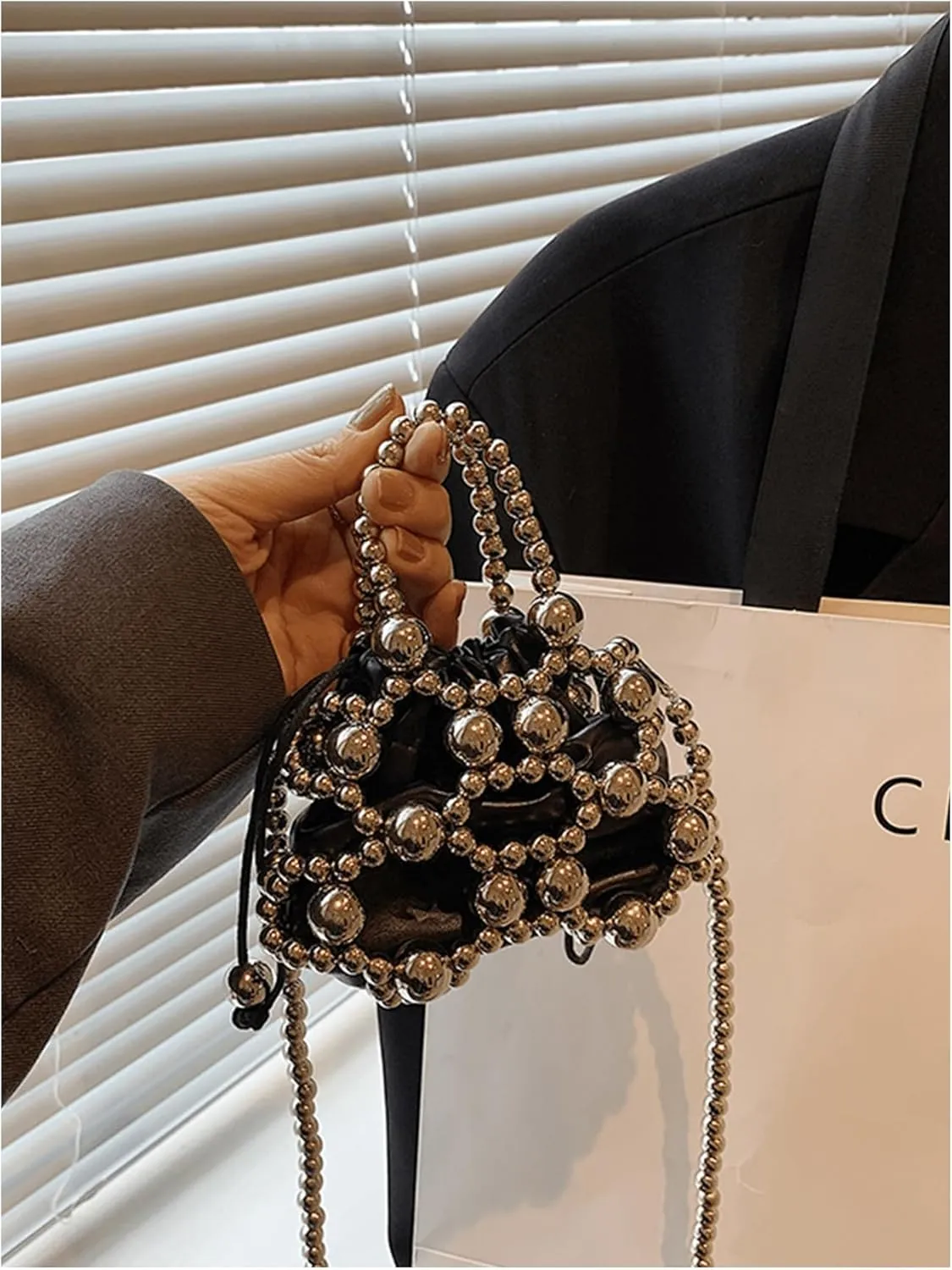 Women's Beaded Mini Evening Handbag Hollow Out Top Handle Crossbody Bags Small Satchel Purse