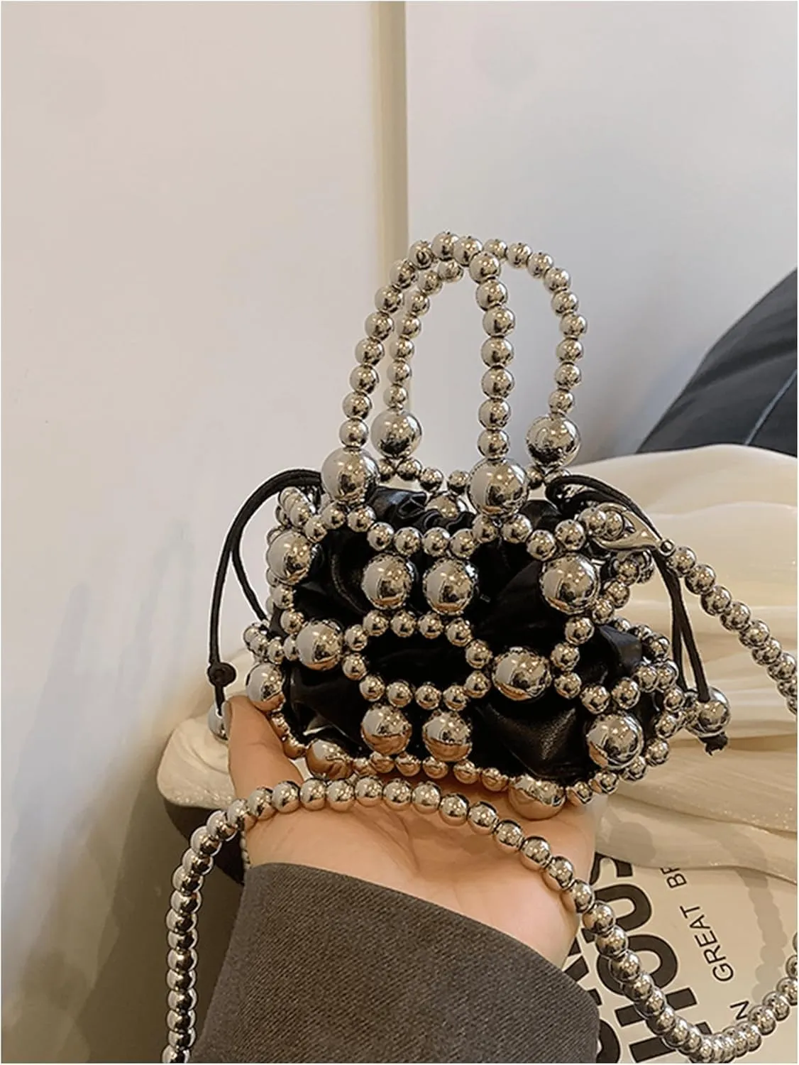 Women's Beaded Mini Evening Handbag Hollow Out Top Handle Crossbody Bags Small Satchel Purse