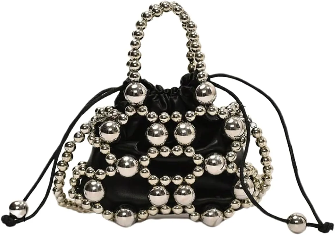 Women's Beaded Mini Evening Handbag Hollow Out Top Handle Crossbody Bags Small Satchel Purse