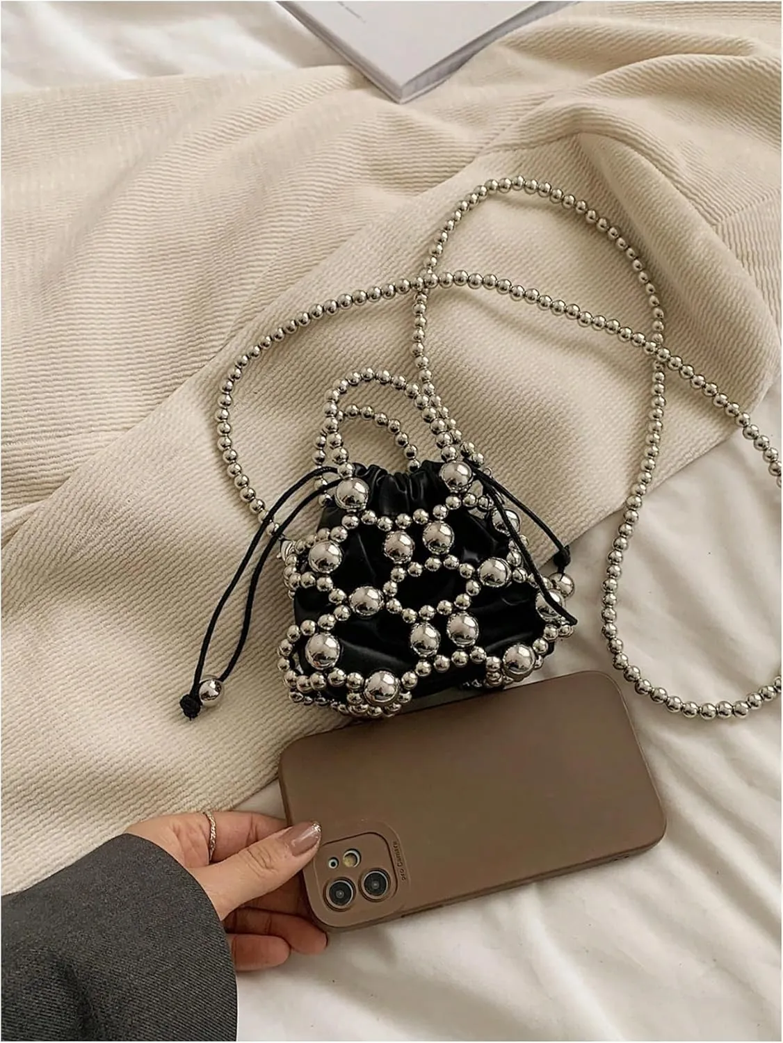 Women's Beaded Mini Evening Handbag Hollow Out Top Handle Crossbody Bags Small Satchel Purse