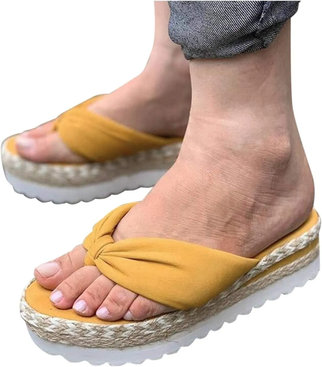 Womens Bow Knot Sandals Espadrilles Wedge Platform Slip on Open Toe Comfortable Flip Flops Casual Boho Slippers Summer Orthopedic Arch Support Sandal Beach Vacation Walking Sandal