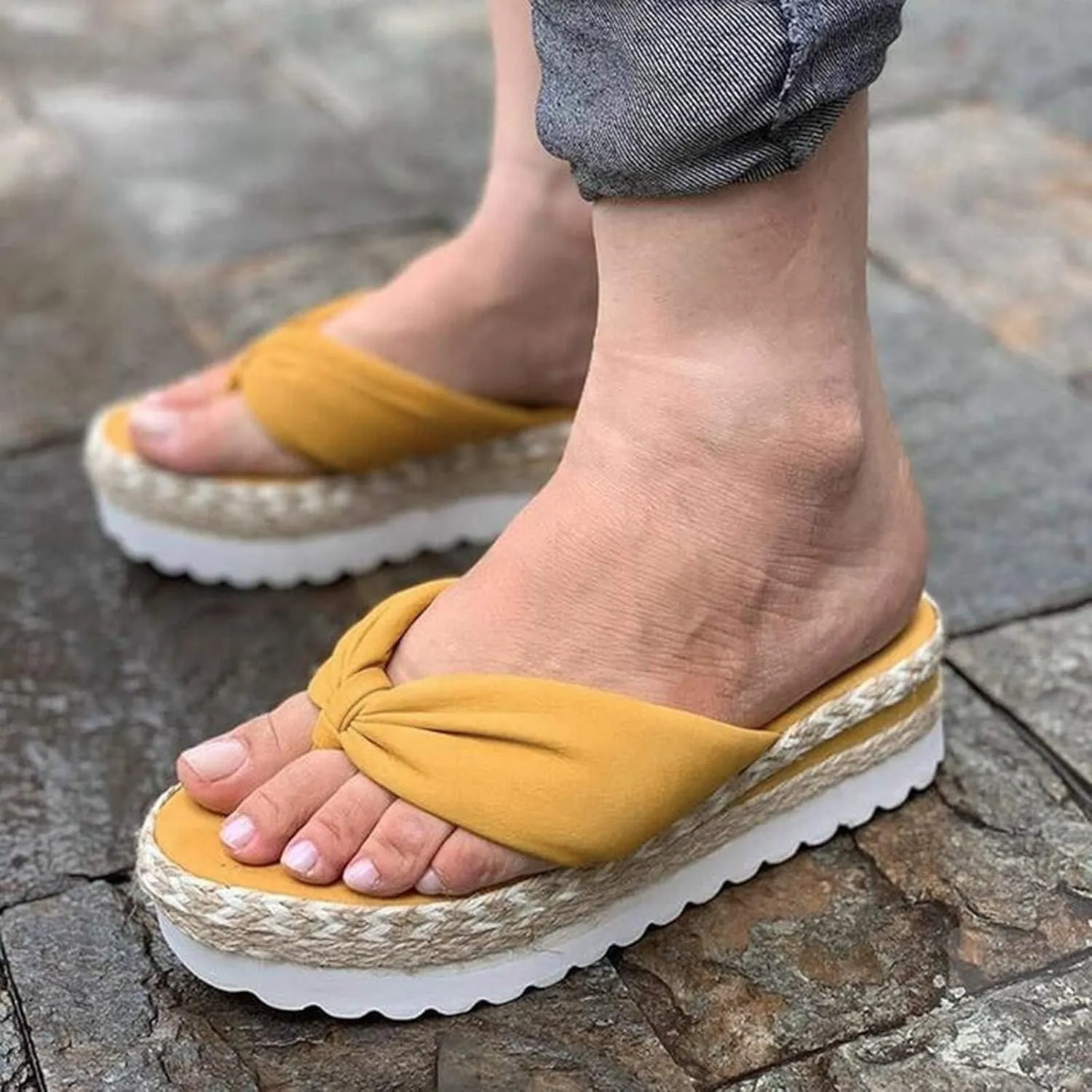 Womens Bow Knot Sandals Espadrilles Wedge Platform Slip on Open Toe Comfortable Flip Flops Casual Boho Slippers Summer Orthopedic Arch Support Sandal Beach Vacation Walking Sandal