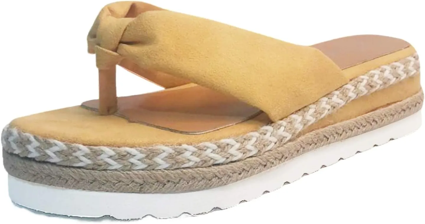 Womens Bow Knot Sandals Espadrilles Wedge Platform Slip on Open Toe Comfortable Flip Flops Casual Boho Slippers Summer Orthopedic Arch Support Sandal Beach Vacation Walking Sandal
