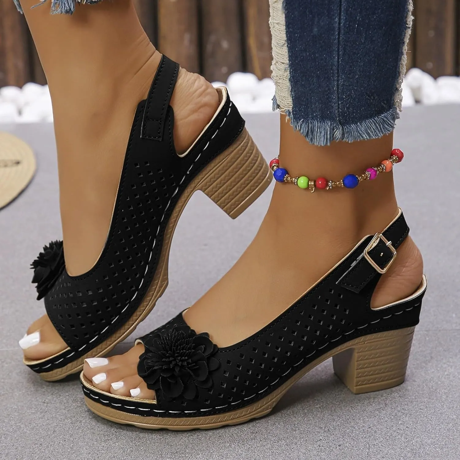 Womens Chunky High Block Heels Fish Mouth Flowers Sandals 2025 Summer Casual Ankle Strap Hollow Out Platform Wedge Sandal