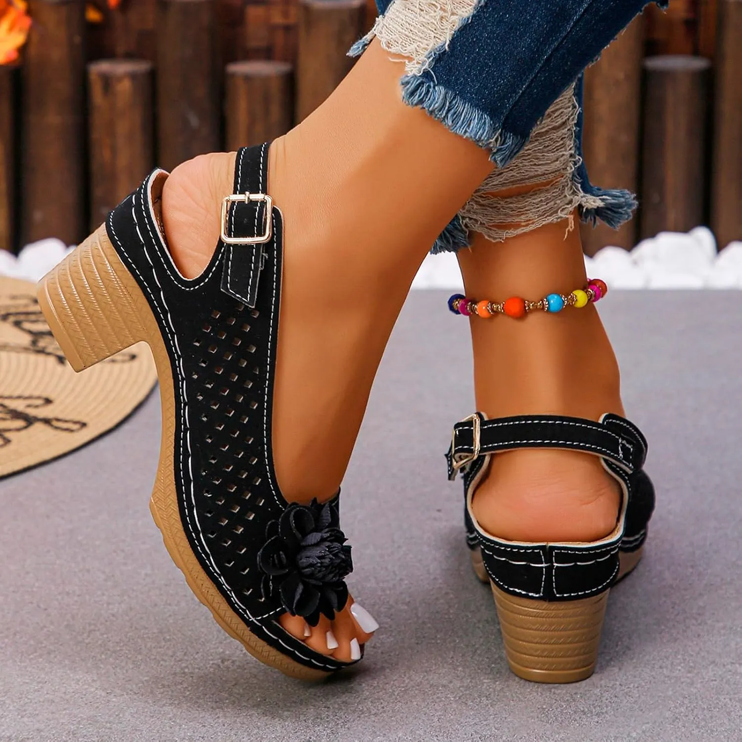 Womens Chunky High Block Heels Fish Mouth Flowers Sandals 2025 Summer Casual Ankle Strap Hollow Out Platform Wedge Sandal