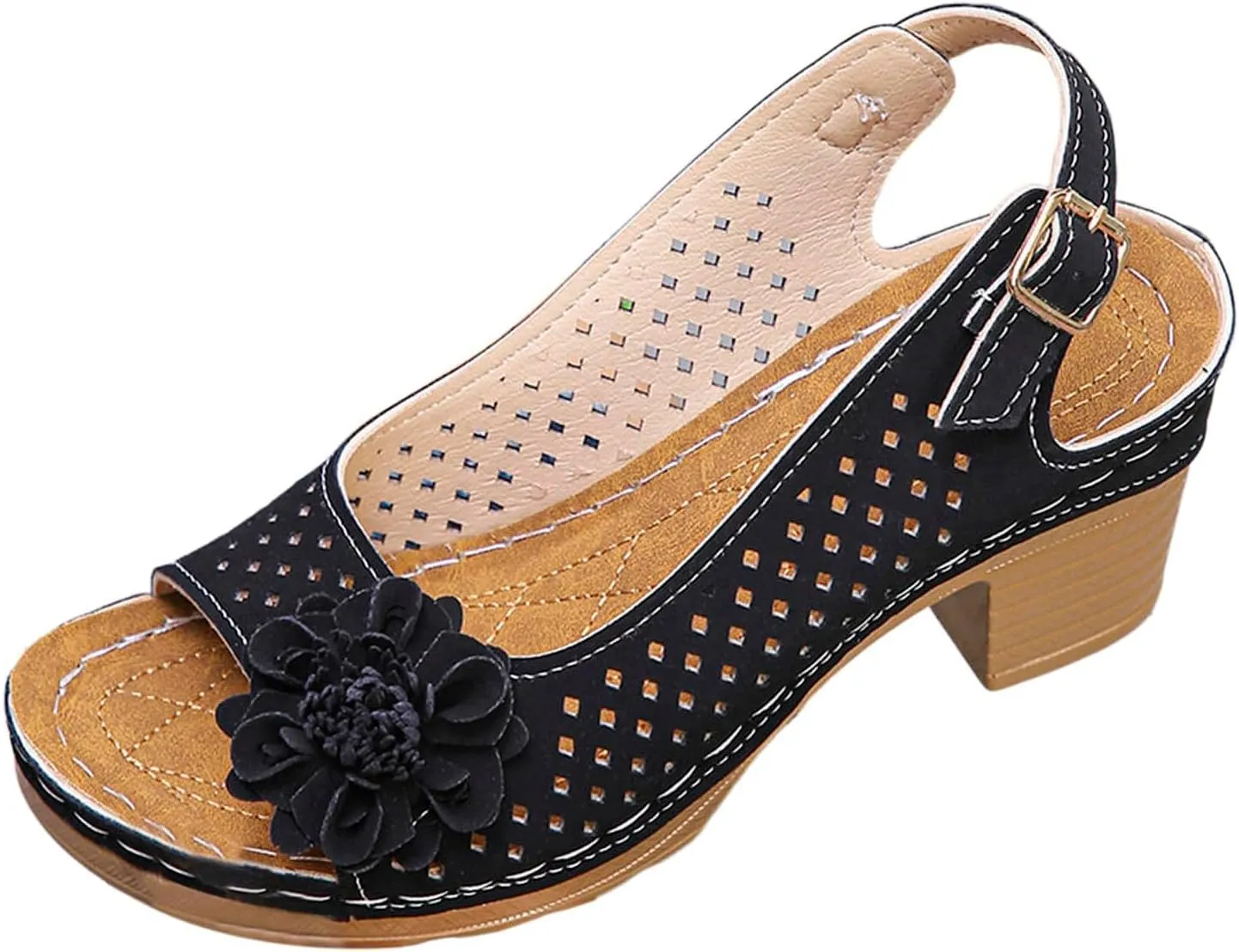 Womens Chunky High Block Heels Fish Mouth Flowers Sandals 2025 Summer Casual Ankle Strap Hollow Out Platform Wedge Sandal
