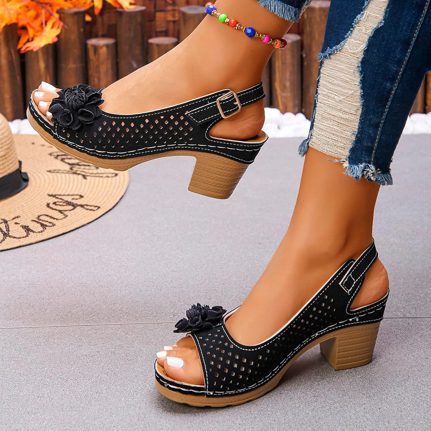 Womens Chunky High Block Heels Fish Mouth Flowers Sandals 2025 Summer Casual Ankle Strap Hollow Out Platform Wedge Sandal
