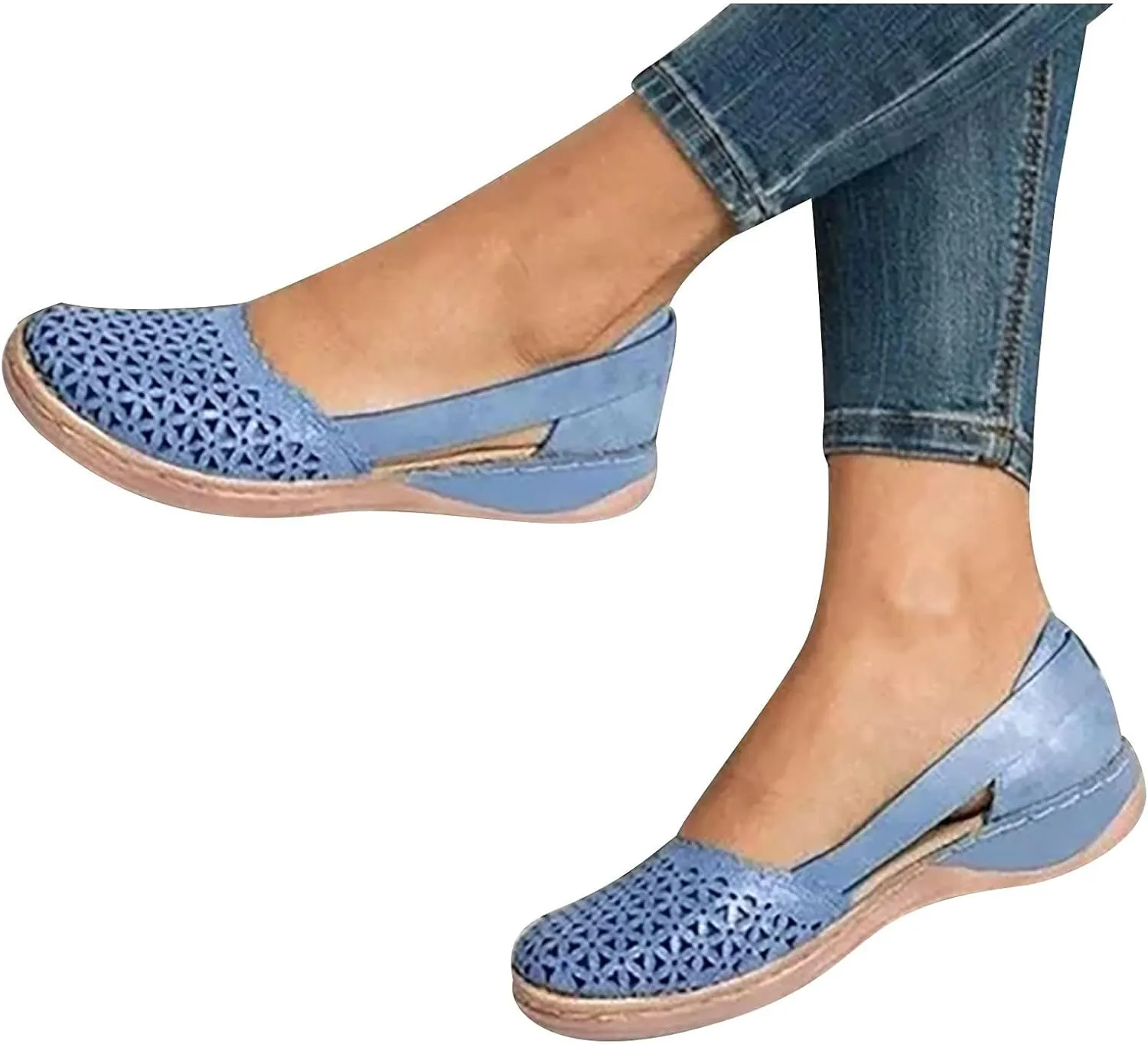 Womens Closed Toe Sandals Dressy Summer Hollow Out Sandals Round Toe Low Heel Sandals Comfortable Breathable Eyelets Shoes Casual Slip On Flat Shoes