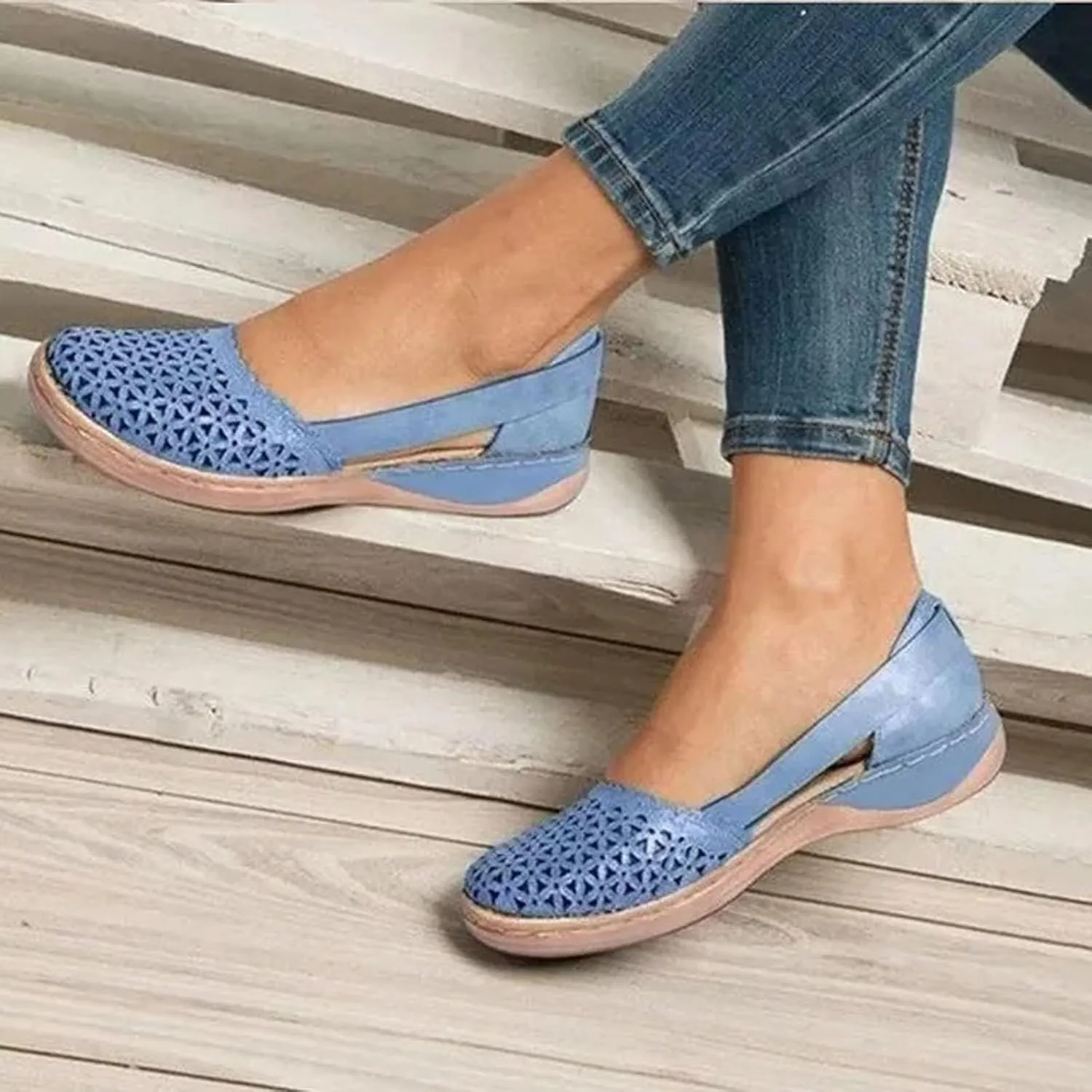 Womens Closed Toe Sandals Dressy Summer Hollow Out Sandals Round Toe Low Heel Sandals Comfortable Breathable Eyelets Shoes Casual Slip On Flat Shoes