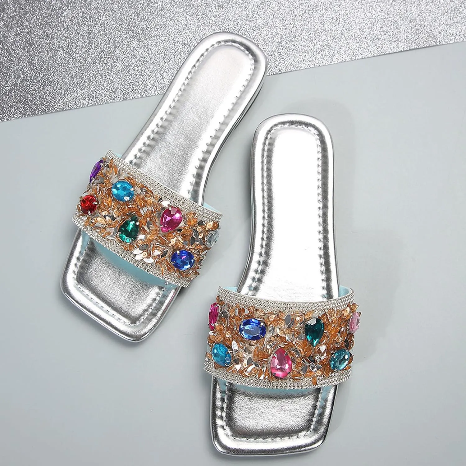 Women's Colorblock Rhinestone Embellished Slipper Square Toe Business Trendy Sandals Vacation Sparkly Slip on Slide