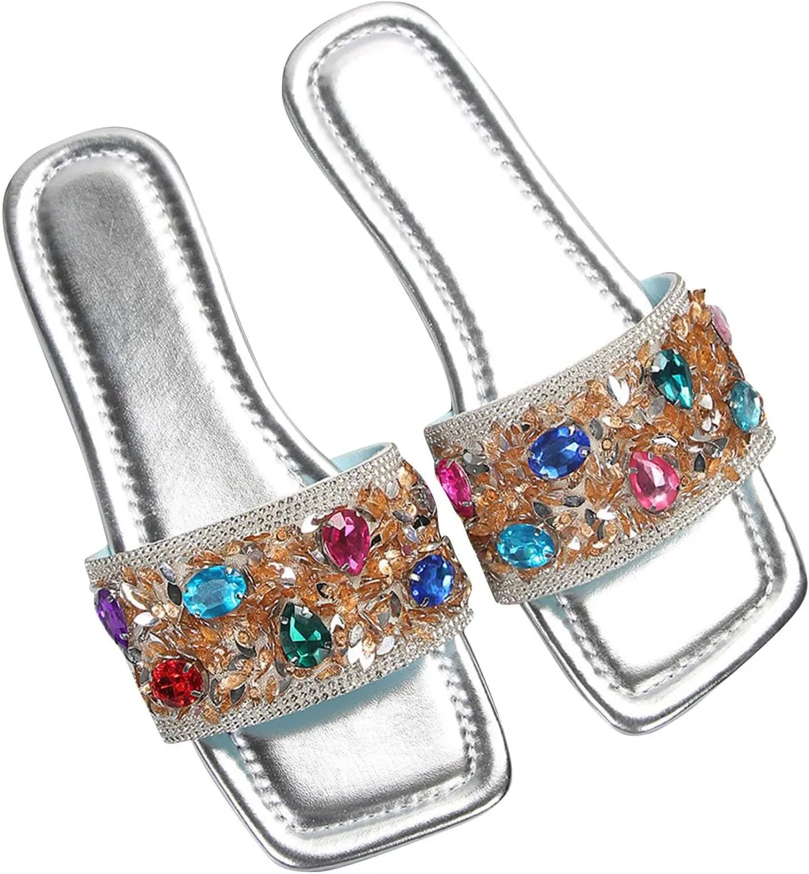 Women's Colorblock Rhinestone Embellished Slipper Square Toe Business Trendy Sandals Vacation Sparkly Slip on Slide