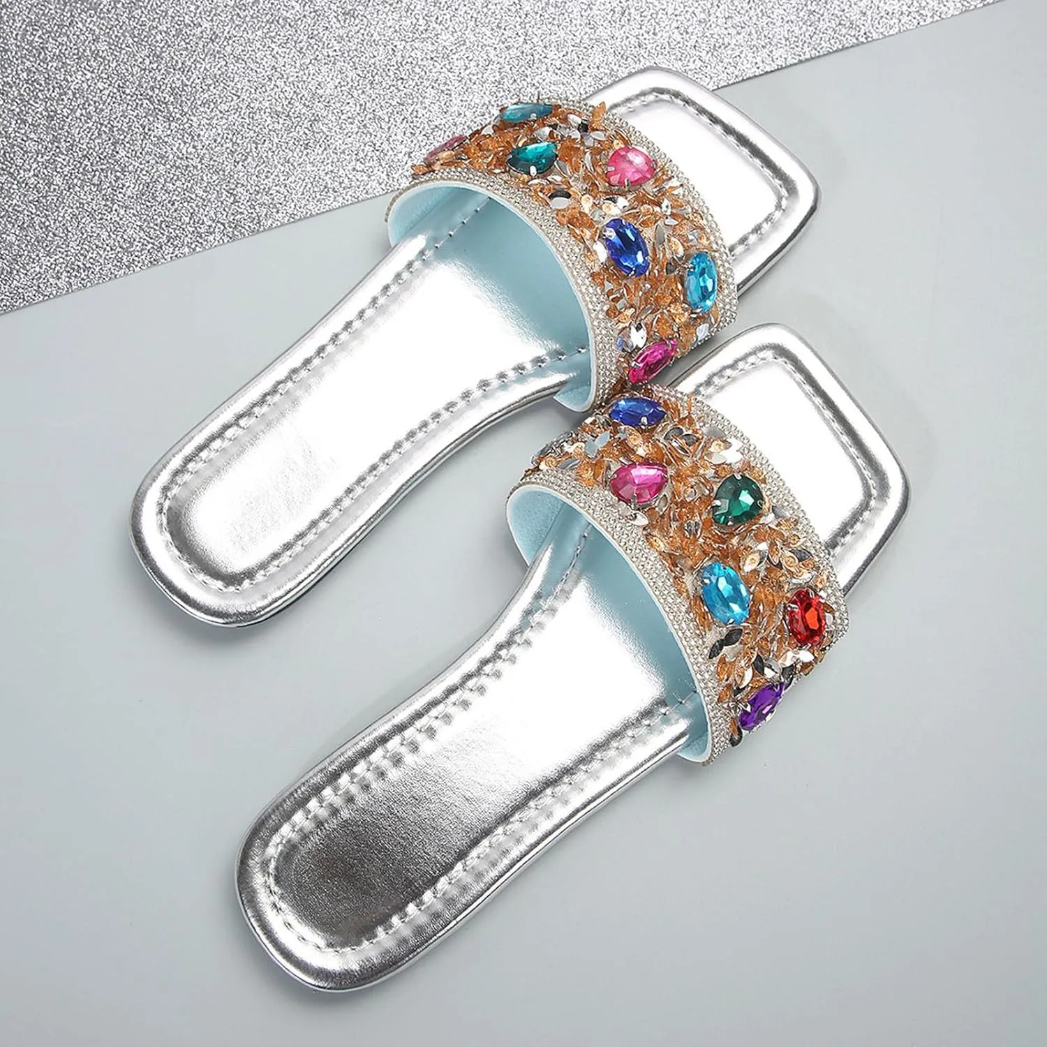 Women's Colorblock Rhinestone Embellished Slipper Square Toe Business Trendy Sandals Vacation Sparkly Slip on Slide