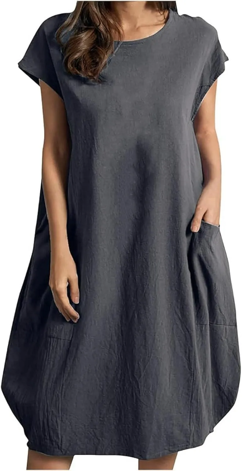 Women's Cotton Linen Dress Oversized Tunic Short Sleeve Midi Dresses Plus Size Solid Color Dress with Pockets