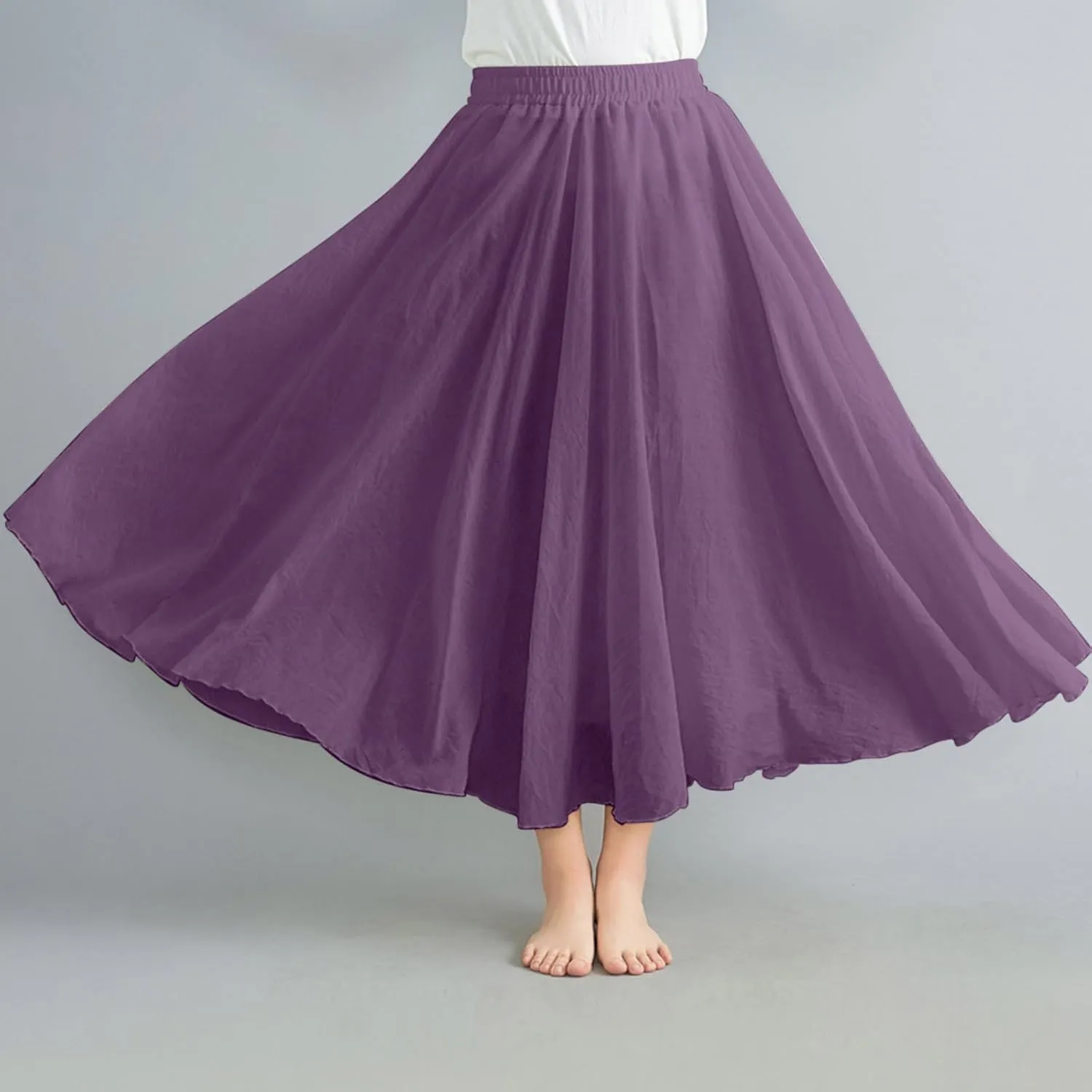 Womens Cotton Linen Skirts Summer Casual Loose Fit Plain Elastic High Waist Swing Flowy A Line Pleated Midi Skirt