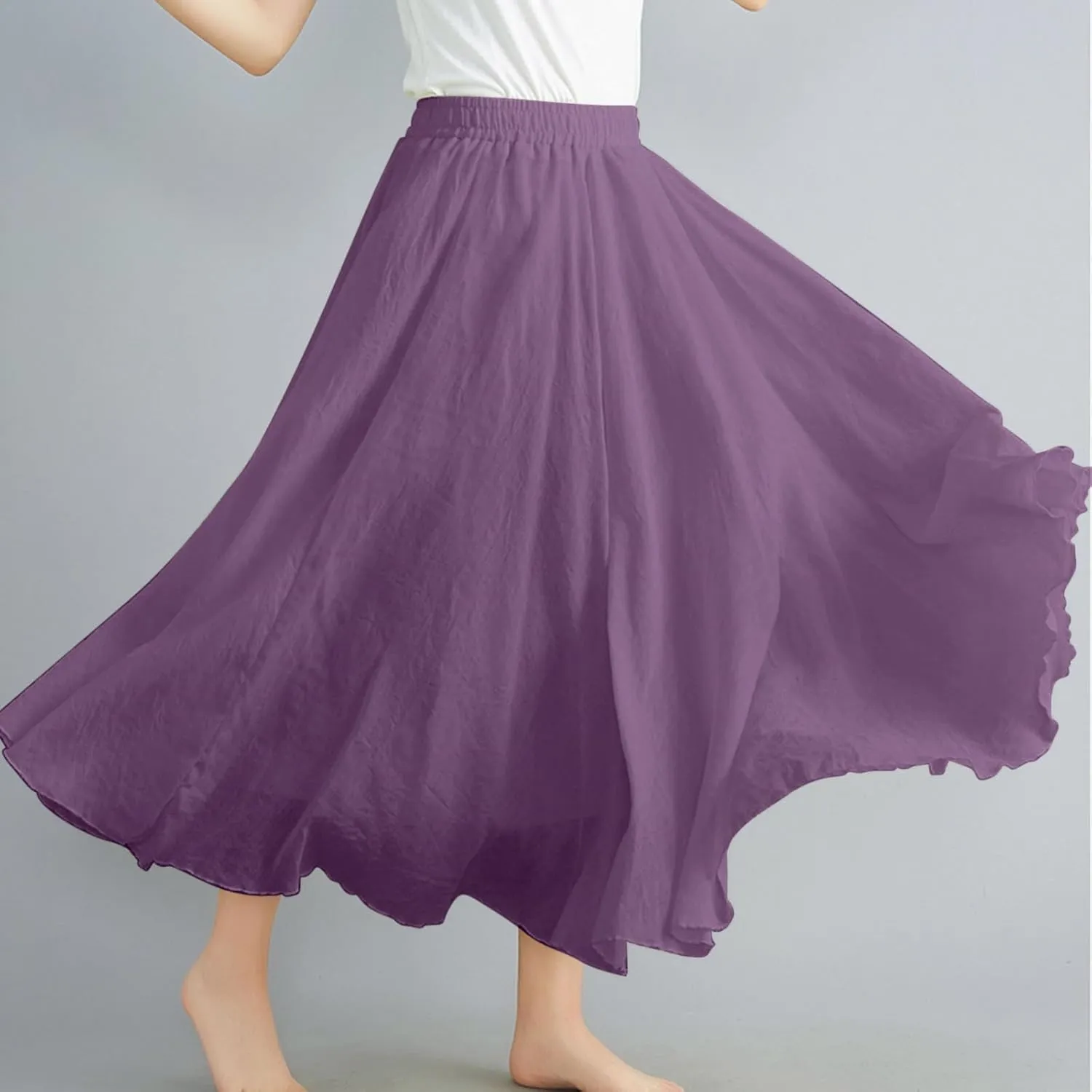 Womens Cotton Linen Skirts Summer Casual Loose Fit Plain Elastic High Waist Swing Flowy A Line Pleated Midi Skirt